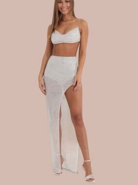Lucy in the sky | champagne sequin high slit maxi with shorts | SZ M
